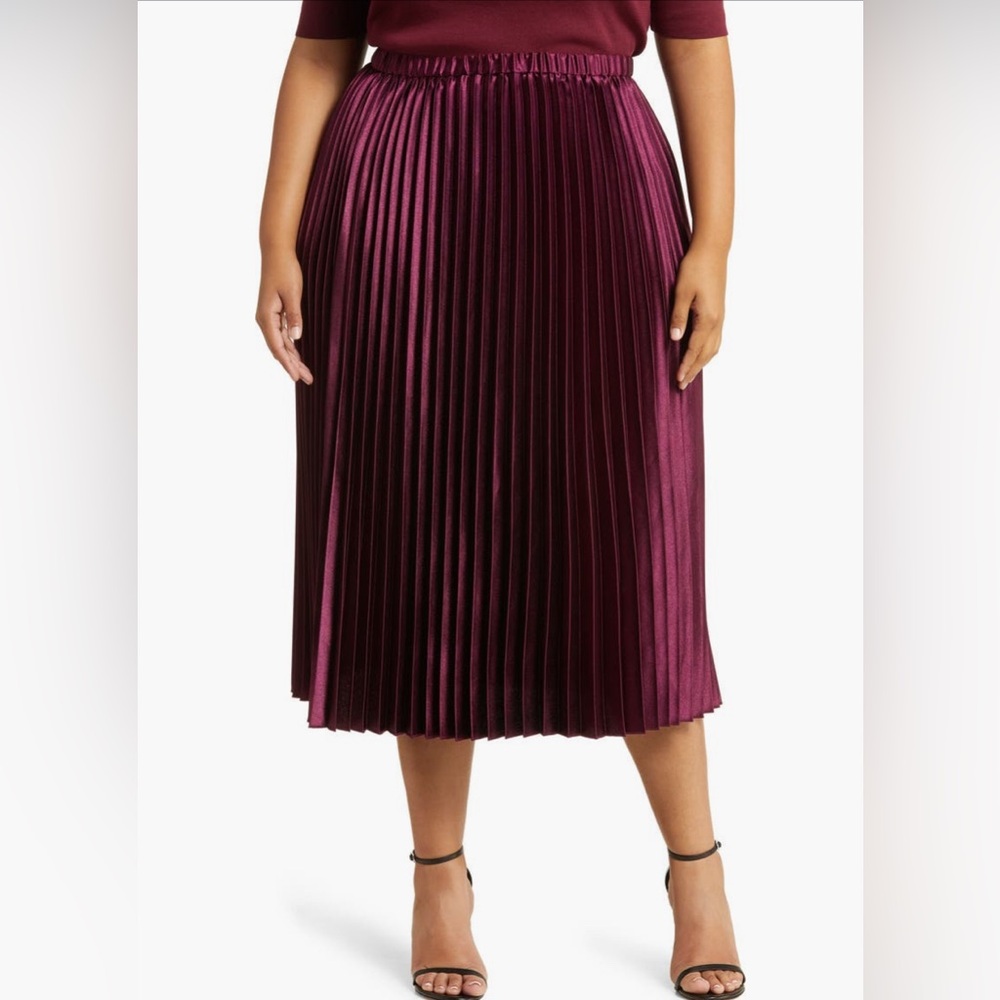 Pleated Satin Midi Skirt | Anne Klein | Chianti | 3X | GUC